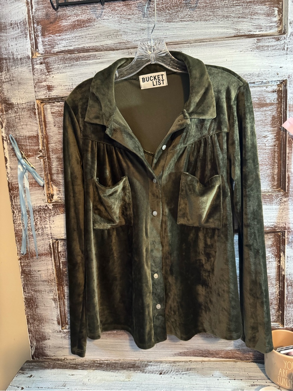 BUCKETLIST Olive Green Velvet Button-Down Shirt